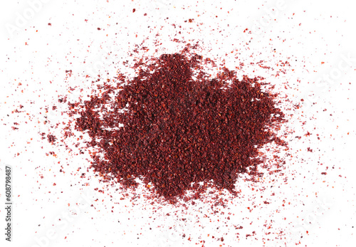 Ground sumac spice, pile isolated on white, top view  photo