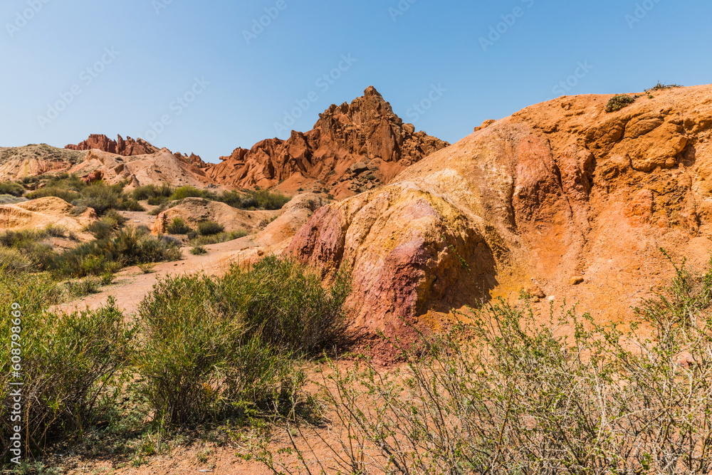 Fototapeta premium Skazka (Fairytale) Canyon - the most unusual and picturesque gorge on the southern shore of Issyk-Kul, the main attraction in the vicinity of the lake, Kyrgyzstan