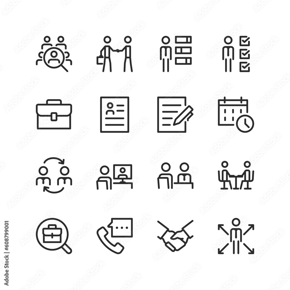 Interview, linear style icons set. Getting job, interviewing a supervisor. Headhunter. Communication between employer and candidate. Resume, assessment of professional qualities. Editable stroke width Interview, linear style icons set. Getting job, interviewing a supervisor. Headhunter. Communication between employer and candidate. Resume, assessment of professional qualities. Editable stroke width