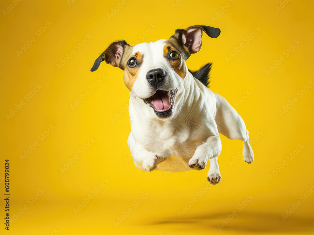 jack russell terrier dog jump on studio yellow background. ai generative