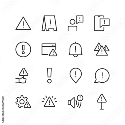 Warning, linear style icons set. Warning sign, important information, caution! Hazard or risk. Precautions and follow the instructions. Visual signal to attract attention. Editable stroke width