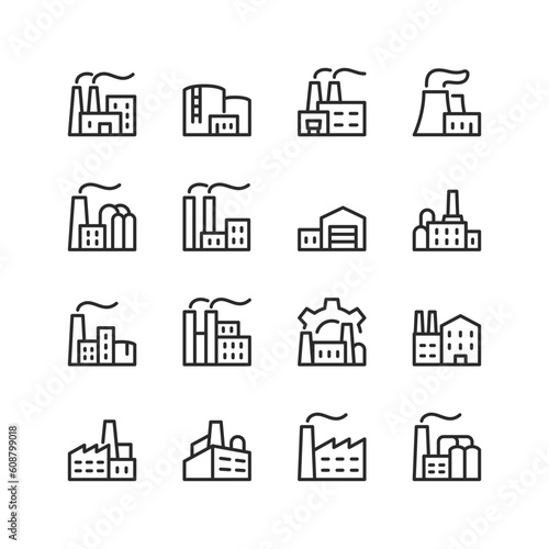 Factory, linear style icons set. Manufacturing buildings with pipes, warehouses, storage, workshops. Industry. Editable stroke width