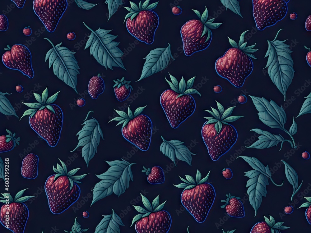 repeating patterns of strawberry and leaves on black background. ai generative repeating patterns of strawberry and leaves on black background. ai generative