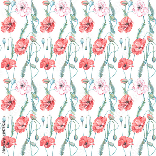 Seamless pattern of watercolor illustrations of pink-red poppy on a white backgroundIsolated. Handmade work.