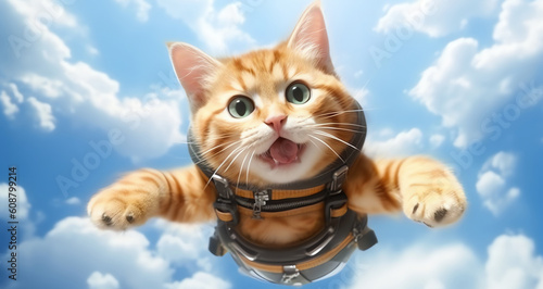 Skydiver cat in the sky, AI generative photo