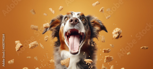 Happy dog in front of bowl of croquettes, AI generative photo