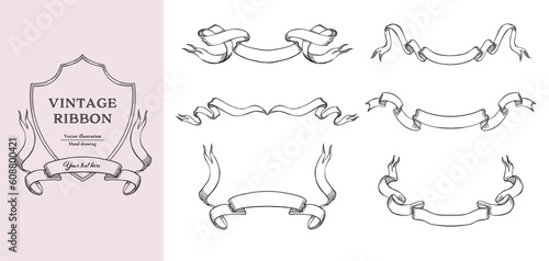 Black line vintage ribbons vector illustration set. Hand drawn line art for wedding design.