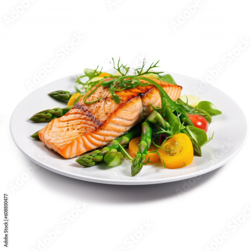 One piece of baked salmon grilled pepper lemon and salt on a brown plate with lettuce leaves