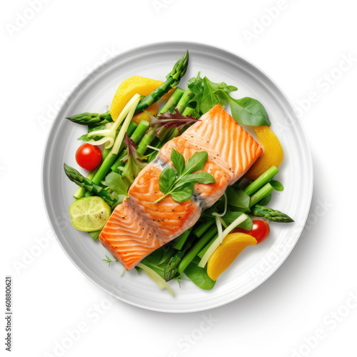 One piece of baked salmon grilled pepper lemon and salt on a brown plate with lettuce leaves