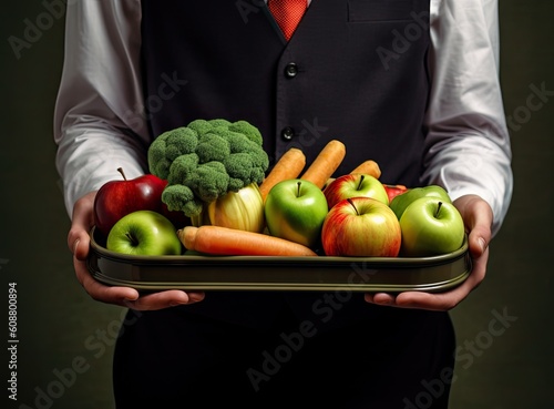 Girl or man holding tray with delicious food in school canteen, closeup created with Generative AI technology photo