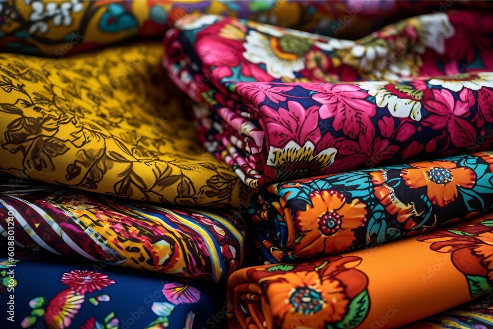 Vibrant Textile Designs Unveiled: Different Pieces of Fabric with Bright Patterns, Generative AI Vibrant Textile Designs Unveiled: Different Pieces of Fabric with Bright Patterns, Generative AI