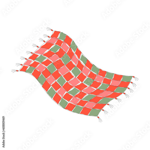 Patchwork quilt. Warm handmade blanket sewn from multi-colored green-red-pink shreds of fabric. Vector illustration.