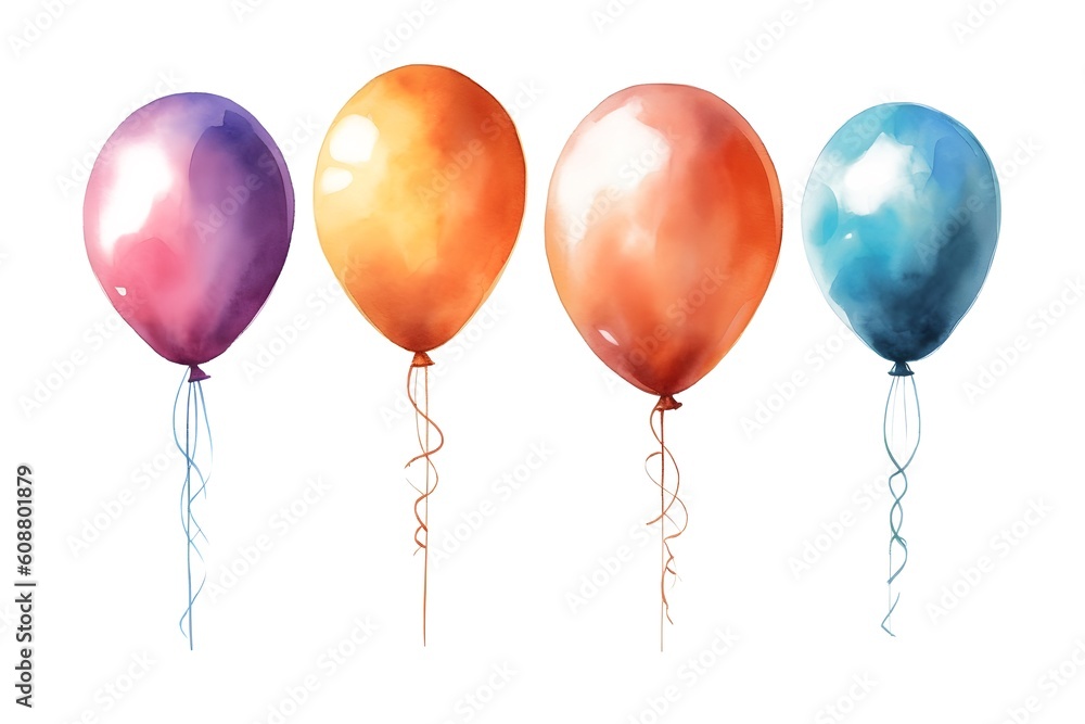 Set of watercolor air balloons isolated on white. Colorful hand painted greeting elements illustration. Generative ai.