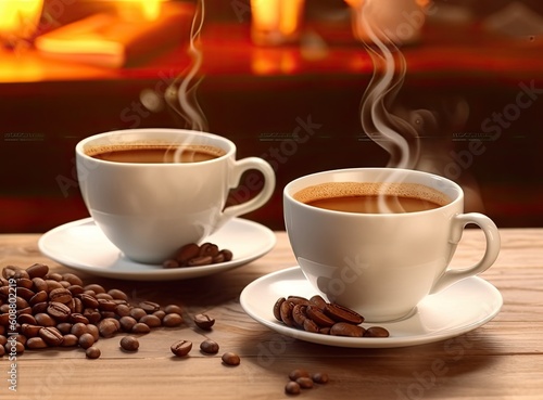 Cups of coffee and beans on blurred background created with Generative AI technology
