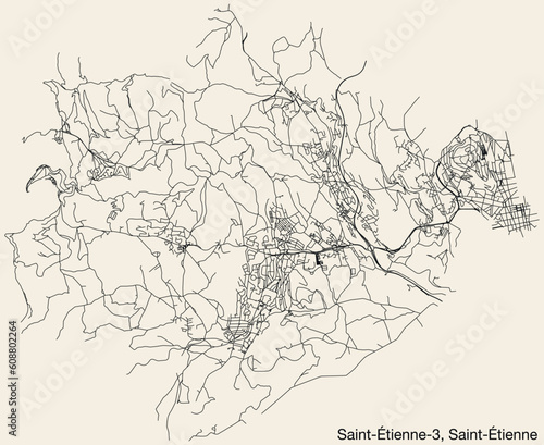Detailed hand-drawn navigational urban street roads map of the SAINT-ÉTIENNE-3 CANTON of the French city of SAINT-ÉTIENNE, France with vivid road lines and name tag on solid background