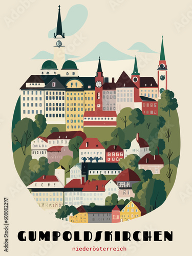Gumpoldskirchen: Beautiful vintage-styled poster with an Austrian cityscape with the name Gumpoldskirchen in Niederösterreich