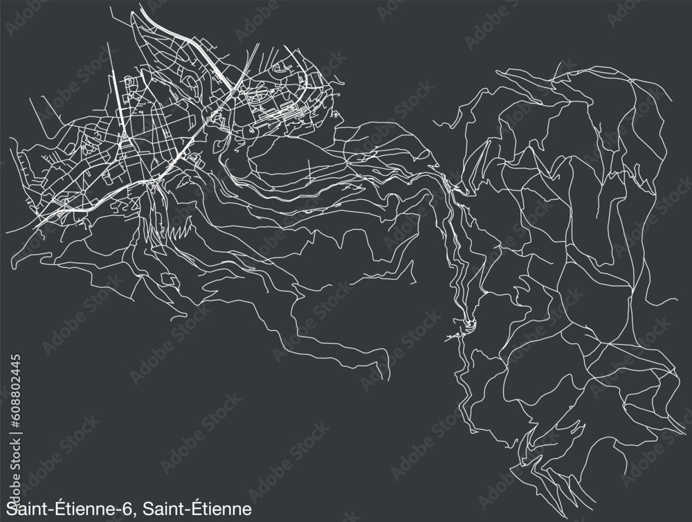 Detailed hand-drawn navigational urban street roads map of the SAINT-ÉTIENNE-6 CANTON of the French city of SAINT-ÉTIENNE, France with vivid road lines and name tag on solid background