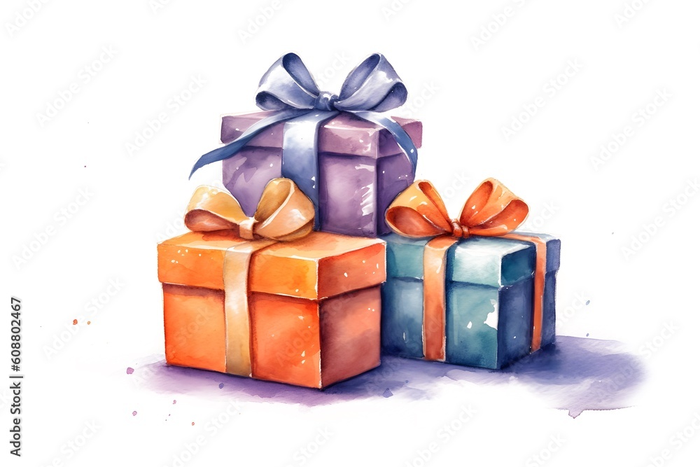 Watercolor painting gift box with bow. Set of gift boxes. Celebration. Generative ai. Watercolor painting gift box with bow. Set of gift boxes. Celebration. Generative ai.