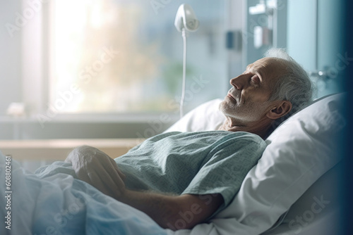 Obraz na plátně Elderly patient sleeping on bed in hospital ward