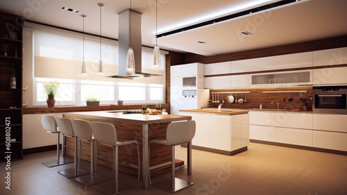 Modern kitchen interior with wooden furniture. Luxury design renovation in living room. Created with Generative AI