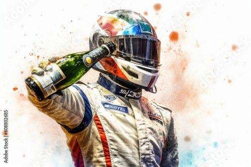 Motorsports championship. Formula 1 driver in helmet celebrates winning the Grand Prix. Portrait of champions racer
