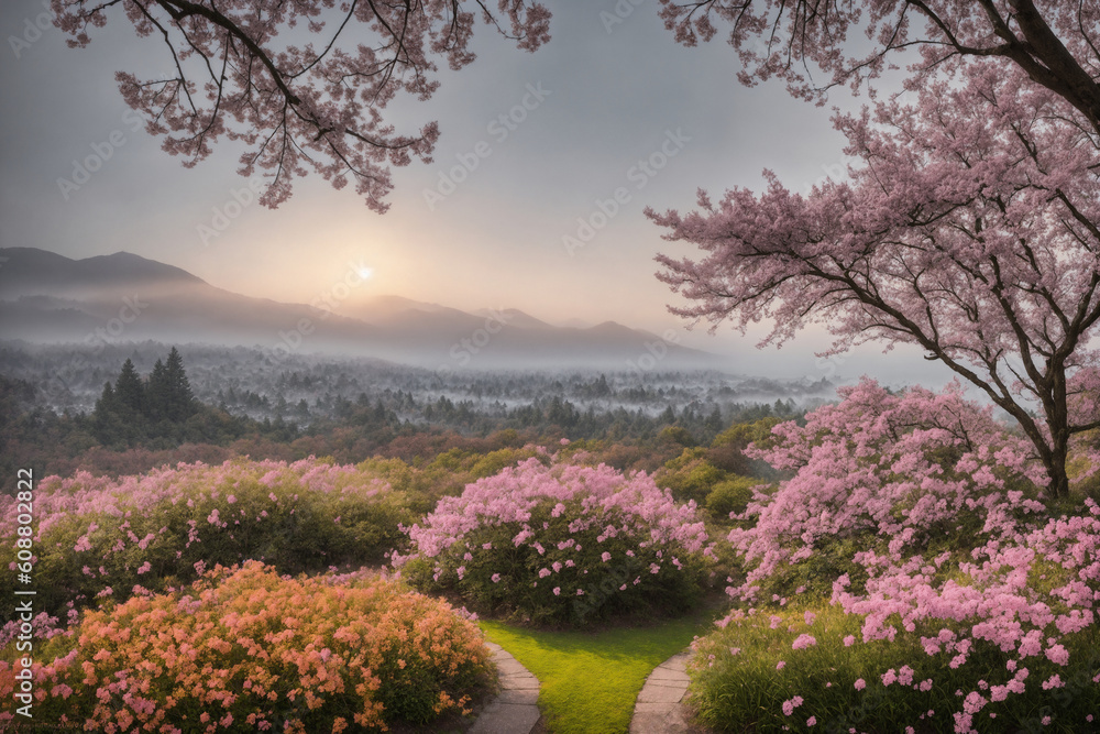 Sakura blossoms in japanese style ornamental garden, beautiful landscape. Generative AI. Sakura blossoms in japanese style ornamental garden, beautiful landscape. Generative AI.
