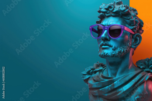 Gypsum statue in sunglasses on colored abstract background. Creative aesthetic contemporary art collage. Fashion wallpaper. Created with Generative AI