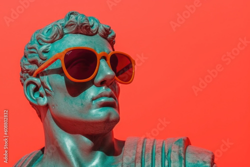 Gypsum statue in sunglasses on colored abstract background. Creative aesthetic contemporary art collage. Fashion wallpaper. Created with Generative AI