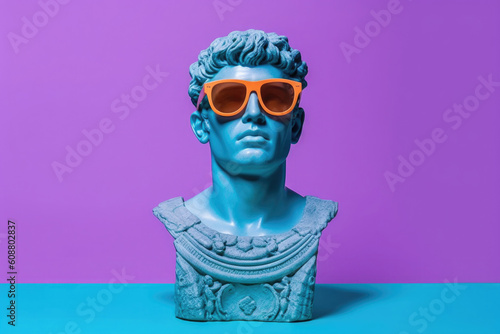 Gypsum statue in sunglasses on colored abstract background. Creative aesthetic contemporary art collage. Fashion wallpaper. Created with Generative AI