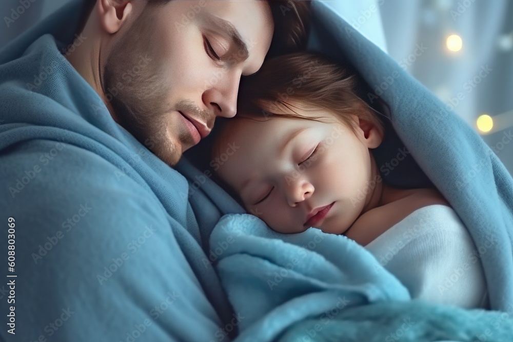 Man holding adorable baby wrapped in blue blanket. Generative AI Man holding adorable baby wrapped in blue blanket. Generative AI