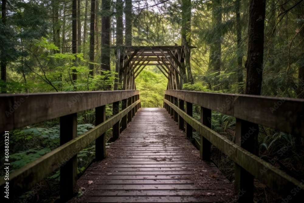 a wooden walkway in the woods leading to the forest Generative AI
