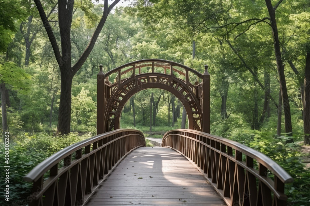 bridge with railings through a wooded area with trees Generative AI bridge with railings through a wooded area with trees Generative AI