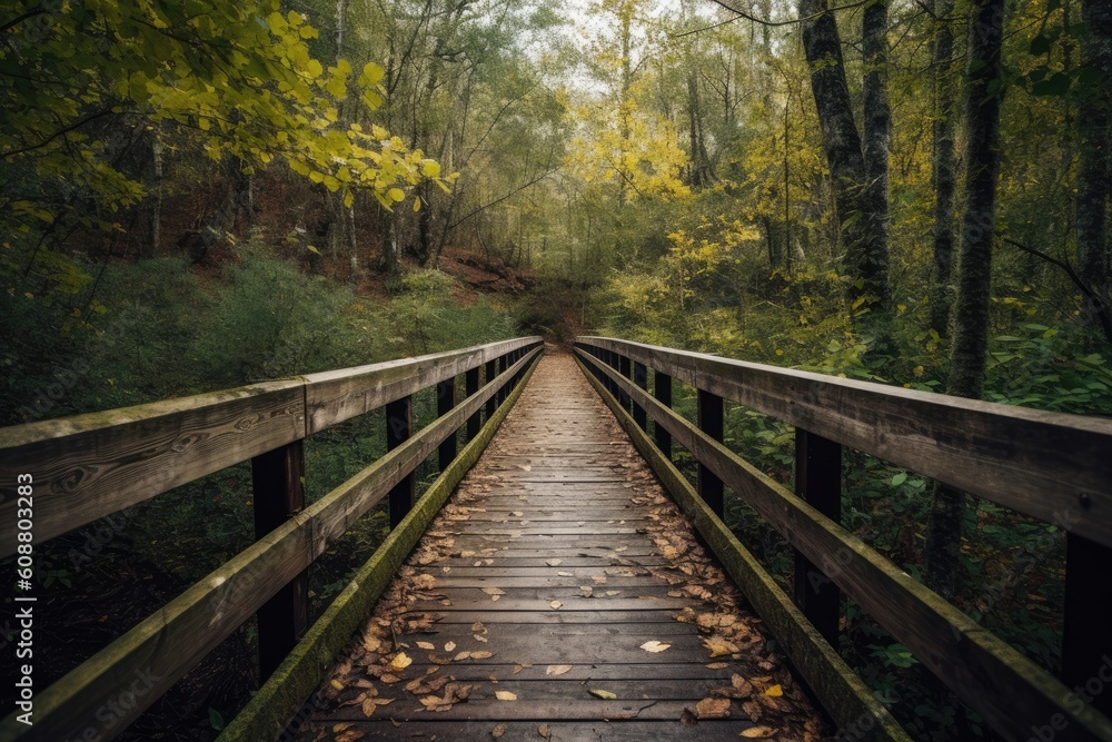 a wooden bridge in the woods Generative AI