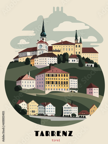 Tarrenz: Beautiful vintage-styled poster with an Austrian cityscape with the name Tarrenz in Tirol