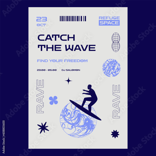 A minimalistic musical poster with a silhouette of a surfer above the sphere. Futuristic techno-style Y2K 80's.