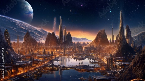 Tablou canvas futuristic cyberpunk city skyline colony on alien planet