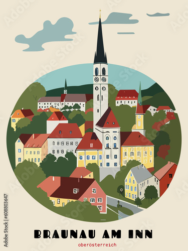 Braunau am Inn: Beautiful vintage-styled poster with an Austrian cityscape with the name Braunau am Inn in Oberösterreich