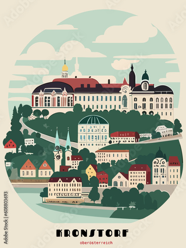 Kronstorf: Beautiful vintage-styled poster with an Austrian cityscape with the name Kronstorf in Oberösterreich