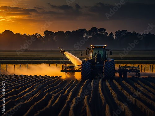 Tractor sprays pesticides on plantation field at sunset. Generative AI 