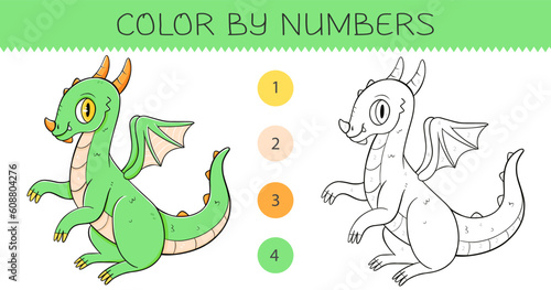 Color by numbers coloring book for kids with cute dragon. Coloring page with cartoon dragon with an example for coloring. Monochrome and color versions. Vector illustration.
