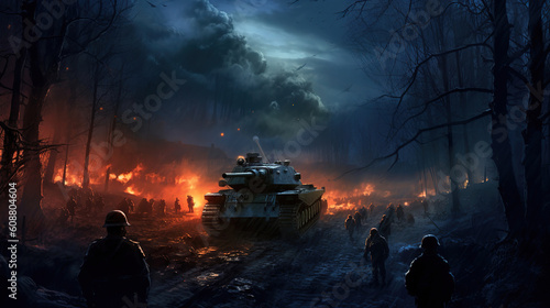panzer in battle during night, war, soldiers, generative ai 