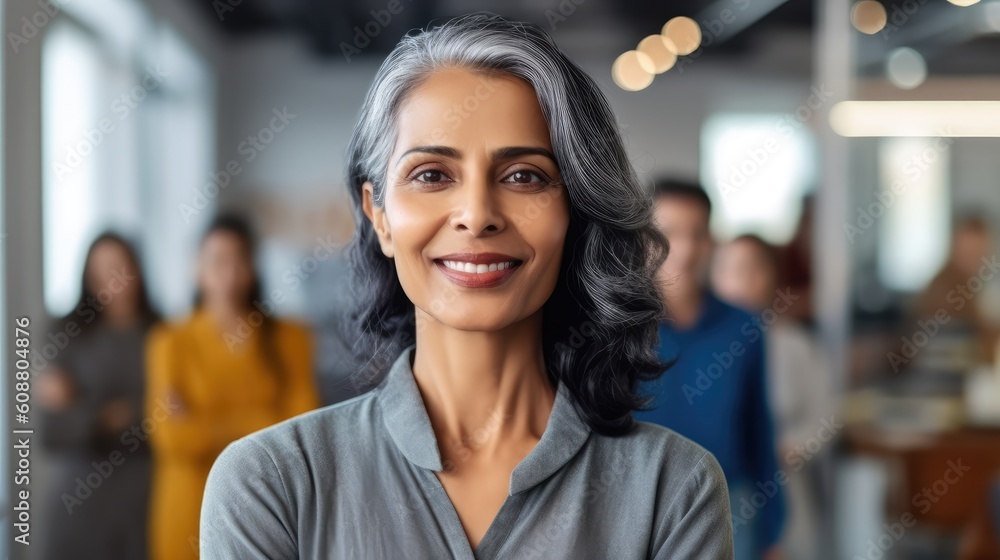 Attractive businesswoman woman posing at her work place with coworkers in the background. Generative AI Attractive businesswoman woman posing at her work place with coworkers in the background. Generative AI