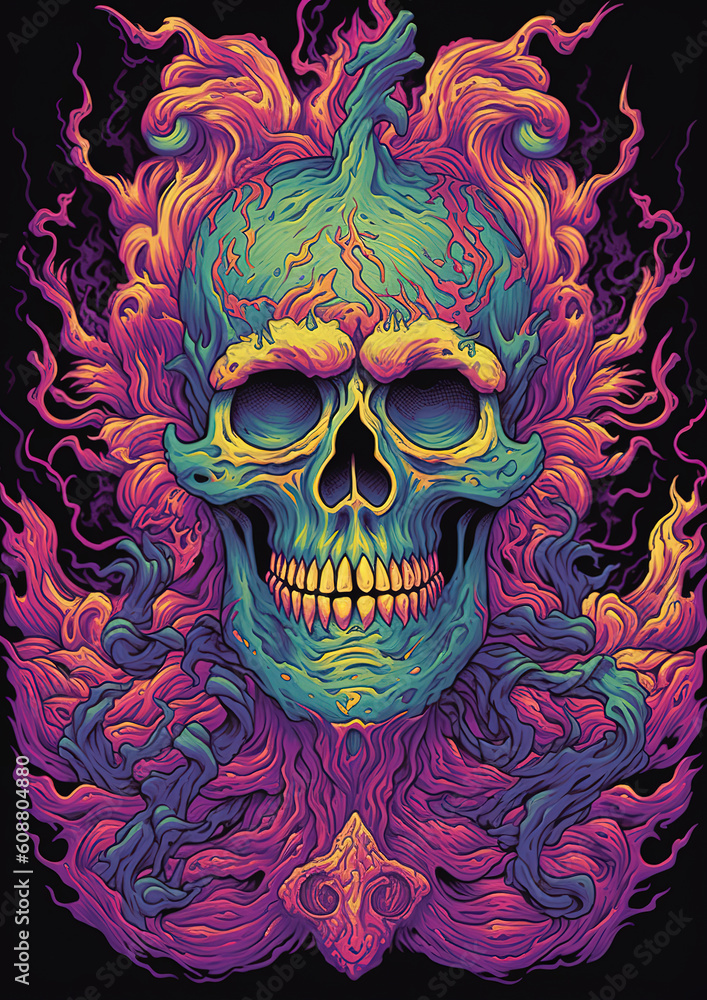 Psychedelic skeleton demon illustration, generative ai Psychedelic skeleton demon illustration, generative ai