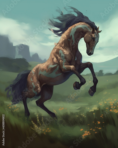 Powerful horse galloping through a meadow, generative ai  © vvalentine