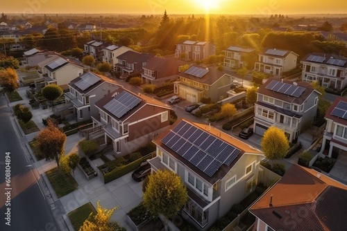 Photovoltaic panels on the roofs of houses. Generative AI.