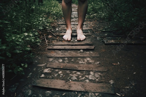 Healthy walking barefoot on a forest path. Generative AI.