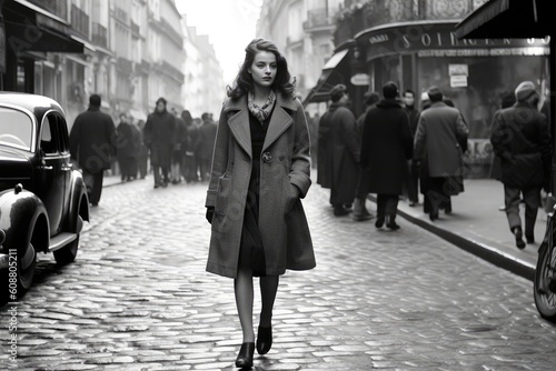 young woman walking in paris in 1950. monochromatic vintage. This image was created with generative AI	