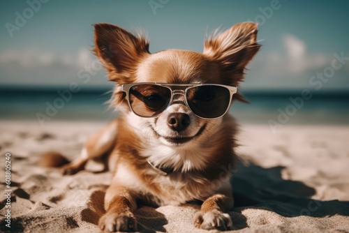 Happy and cute dog with glasses on the beach. Generative AI.  © Ornavi