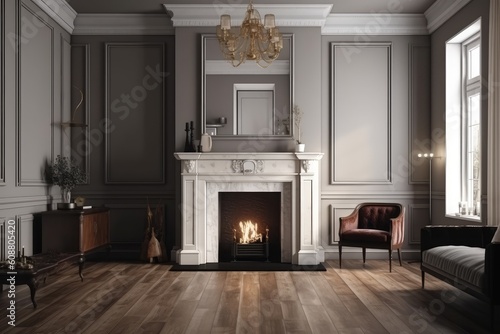Modern fireplace in victorian style room. Generative AI. © Ornavi