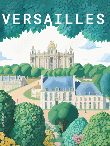 Versailles: Retro tourism poster with a French landscape and the headline Versailles in Île-de-France